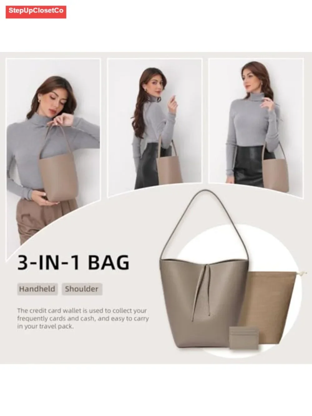 Genuine Leather Bucket Bag with Wallet Full-Grained Calfskin Tote